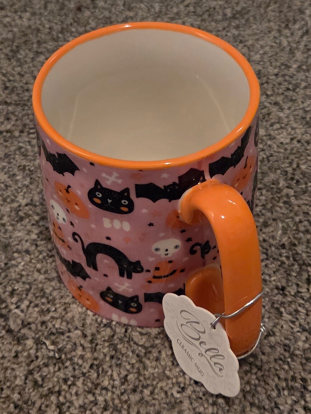 Black Cats Skulls Pumpkins Halloween Ceramic Mug - Pink & Orange - Picture 3 of 3